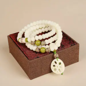 FengshuiCo White Jade Bodhi Lotus Root Mala Harmony Necklace Bracelet