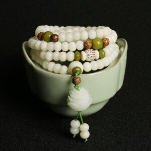 FengshuiCo White Jade Bodhi Open Lotus Mala Harmony Necklace Bracelet